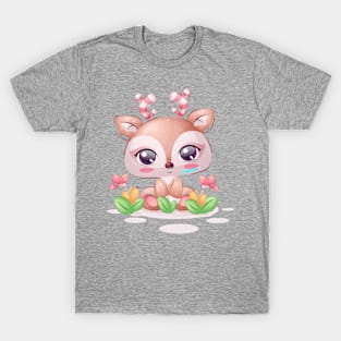 Cute Deer Flower Kawaii Cartoon Animals T-Shirt